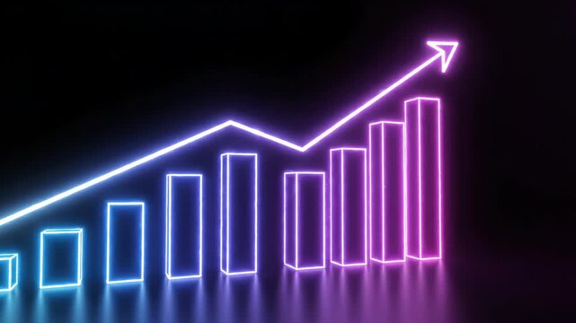 3D blue neon bar graph with four ascending rectangular columns and a white glowing arrow pointing upward to show growth and success, set against a dark background with reflections.
