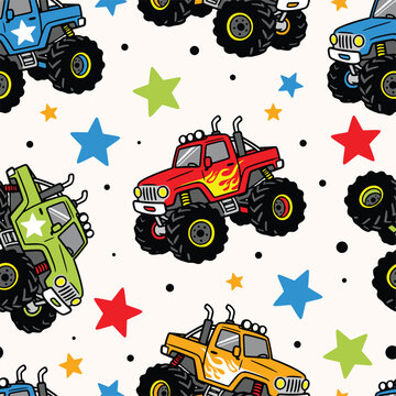 Colorful Cartoon Monster Truck Seamless Pattern