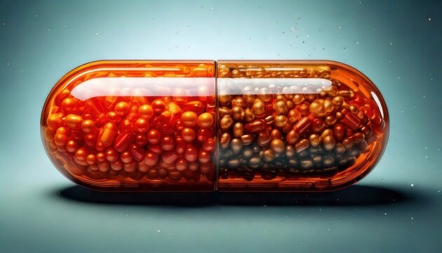 Close-up of a transparent capsule filled with small beads.