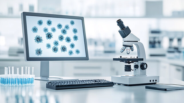 Laboratory electron microscope and image of cells displayed on screen