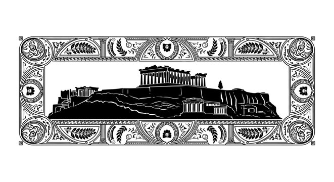 Black and white illustration Acropolis Athens.