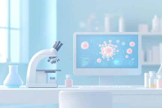 Laboratory electron microscope and image of cells displayed on screen