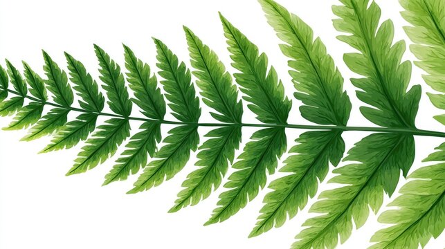 Detailed view of bright green pinnate fern frond segments against a stark white background