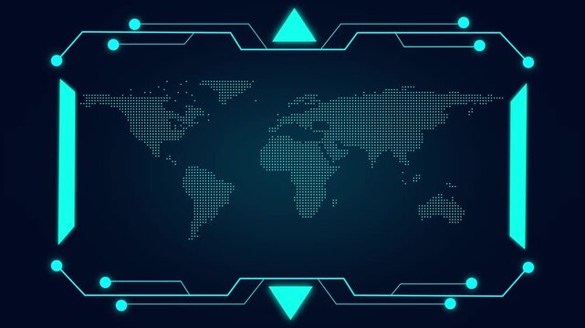 Digital world map within a futuristic cyan frame with circuit board accents on dark background. Digital world map frame concept for global visuals. Digital world map frame network connection .