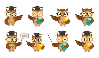 Fototapeta premium Cartoon owl education illustration set with graduation hats books and teaching poses