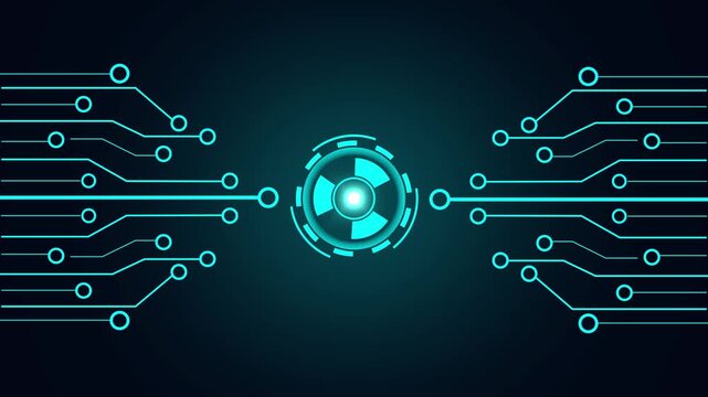 Futuristic cyan circuit board with central radiation symbol on dark teal background. Cyan circuit board concept for tech visuals. Cyan circuit board central symbol for alert and system .