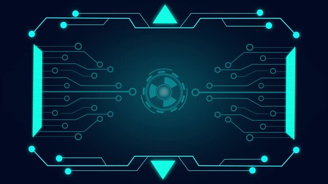 Cyan futuristic HUD interface with circuitry and central target symbol on dark background. Cyan HUD interface concept for tech visuals. Cyan HUD interface target symbol for tracking .