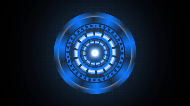 Glowing blue circular interface with bright center on grid background technology futuristic. Blue circular interface concept for tech visuals. Blue circular interface bright core for energy .