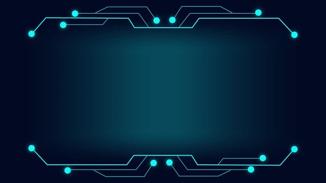Abstract cyan circuit board pattern border on dark blue gradient background technology. Cyan circuit board pattern concept for tech visuals. Cyan circuit board pattern structured layout.