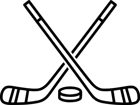 Crossed Hockey Sticks and Puck - Vector Outline Illustration
