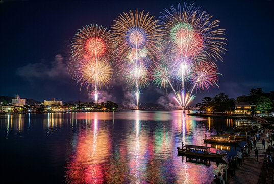 海上に打ち上がる色鮮やかな夏の花火