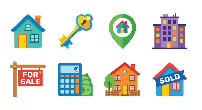 Real estate icons depicting houses keys sales and financial elements