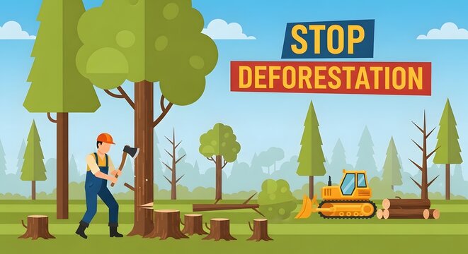 Deforestation and Illegal Logging Concept with Lumberjack and Bulldozer in a Forest