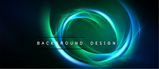 Abstract design features glowing concentric circles. Dark background emphasizes bright blue, green hues. Text reads background design. © antishock