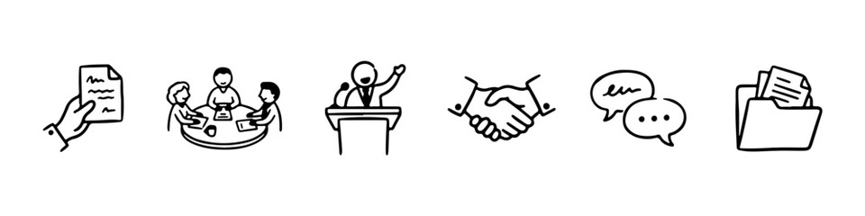 Obraz premium A set of hand-drawn doodle icons representing corporate business processes, teamwork, and official communication.
