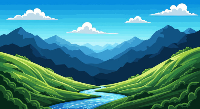 Title serene mountain landscape with rolling hills and a winding river description a vibrant cartoon style landscape featuring majestic mountains fluffy clouds lush