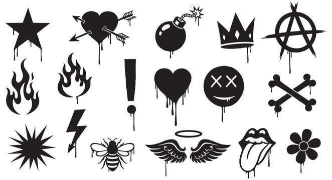 Set of black graffiti style icons and symbols isolated on white background