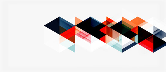 Fototapeta premium Abstract geometric shapes, triangles overlap creating dynamic visual pattern. Red, orange, black, blue hues dominate white background.