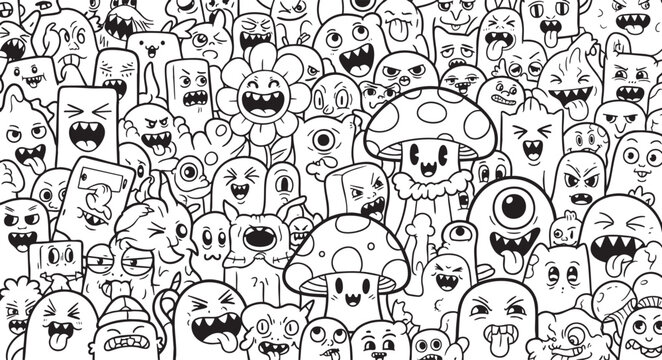 Seamless pattern with cute monsters and creatures, doodle style, hand-drawn vector illustration, isolated on white background.