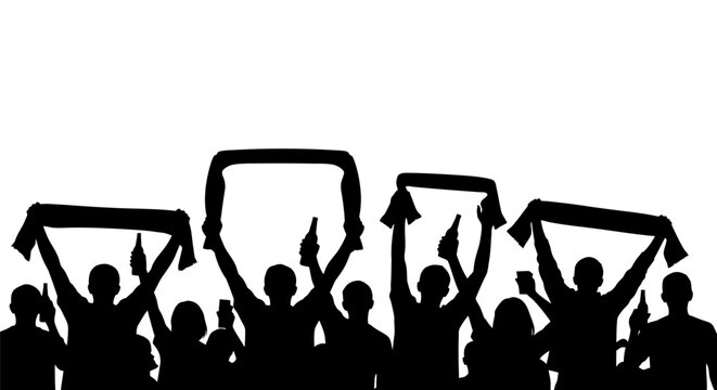 Silhouettes of people holding banners high.