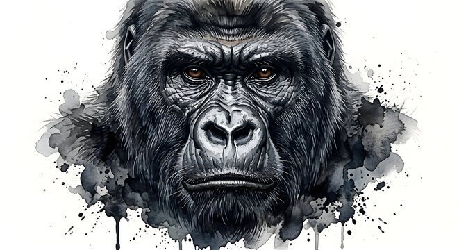 Realistic Gorilla Portrait - Black and White Watercolor Ink Art