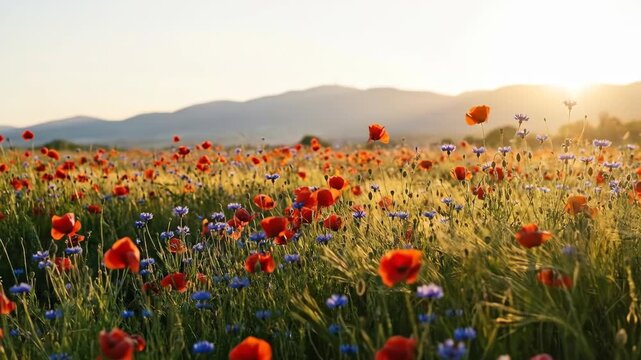 Wildflower meadow with red poppy and blue cornflower blooming at sunset. Scenic spring landscape with golden hour light and mountain