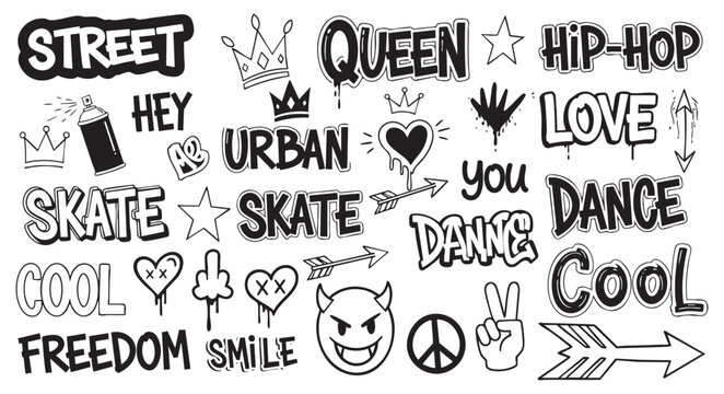 Set of graffiti style stickers, lettering, and urban elements