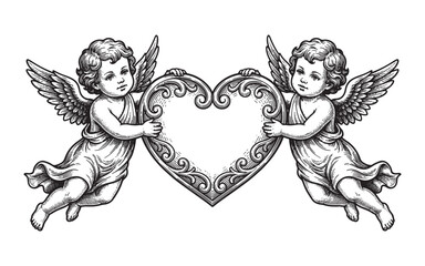 Fototapeta premium Detailed Engraving of Two Cherub Angels Carrying a Decorative Floral Heart