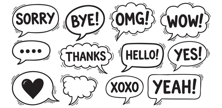 Collection of hand-drawn comic speech bubbles with various expressions like Sorry, Bye, OMG, Wow, Thanks, Hello, Yes, XOXO, and Yeah, isolated on white background.