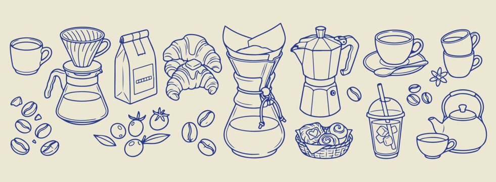 Minimal hand drawn coffee doodle, Expressive brush line moka pot sketch, Clean layout cafe lifestyle illustration, High negative space drink drawing, Rough sketch style croissant and coffee art, Simpl