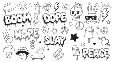 Obraz premium A collection of hand-drawn graffiti style doodles, including words like Boom, Dope, Nope, Slay, Peace, and various icons like skulls, rabbits, and symbols isolated on white background.