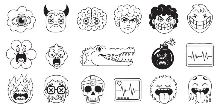 Set of handdrawn cartoon characters and doodle icons