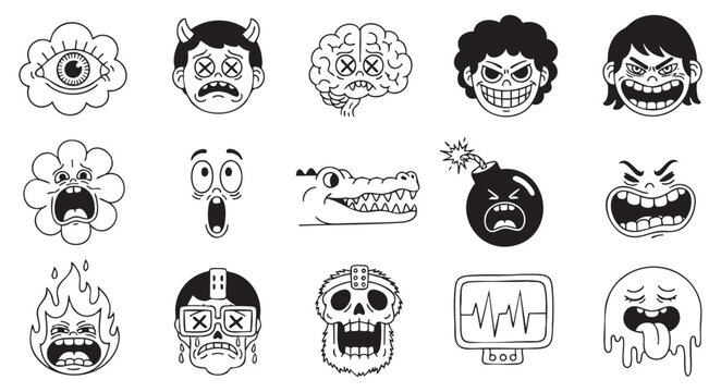 Set of cartoon doodle characters and objects in a retro 90s style