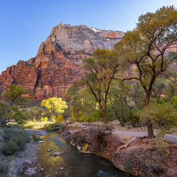 Virgin River and rock formations on sunny day