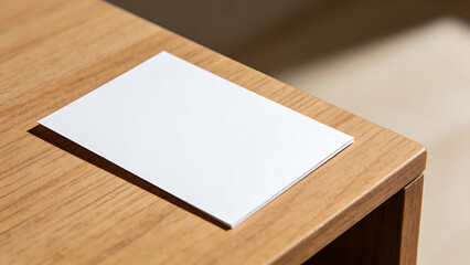 Fototapeta premium notecard. Blank notecard on wooden surface with angled composition, symbolizing simplicity and organization. lifestyle magazines.