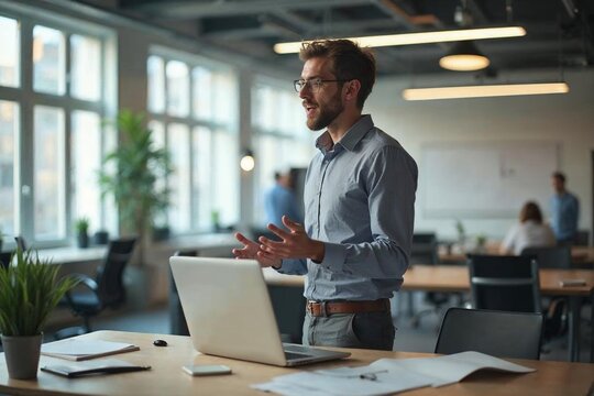 Startup founder rehearsing an investor pitch at a standing desk