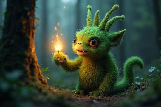 Moss monster holding glowing firefly in dim forest clearing