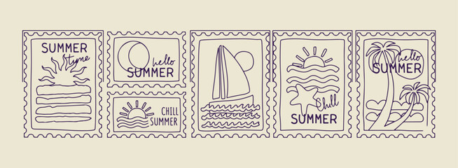 Minimal hand drawn summer stamps, Expressive brush line seaside sketch, Clean layout vacation mail illustration, High negative space nautical drawing, Rough sketch style travel art, Simple black line  © Geetaroy