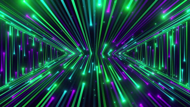 4K seamless turquoise and lilac VJ loop with abstract high-tech geometric tunnel, glowing light streaks, and floating particles for VJ sets, electronic music festivals, stage screens, LED video walls
