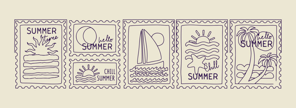 Minimal hand drawn summer stamps, Expressive brush line seaside sketch, Clean layout vacation mail illustration, High negative space nautical drawing, Rough sketch style travel art, Simple black line 