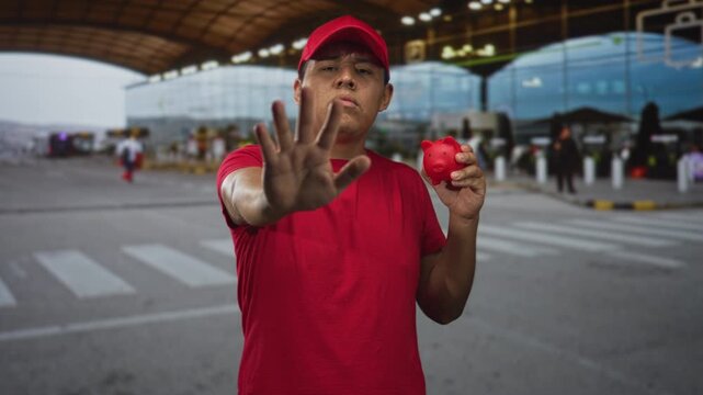 Hispanic man holding red piggy bank with hand raised in stop gesture at airport terminal; financial concern.