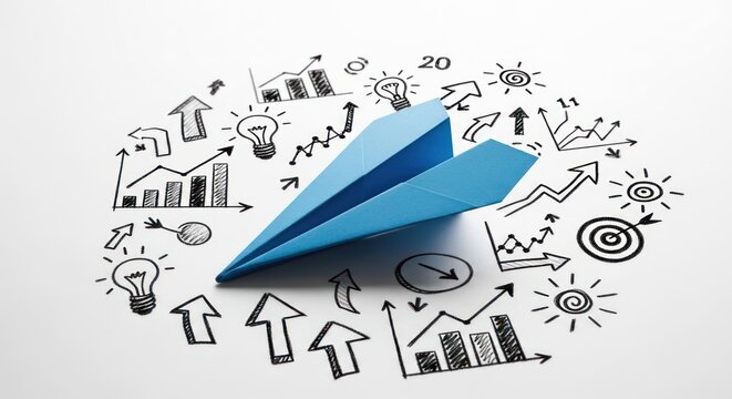 Blue paper airplane surrounded by business and finance doodles.