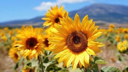 Fototapeta premium Vibrant Sunflower Field Under Bright Blue Sky in Mountain Landscape