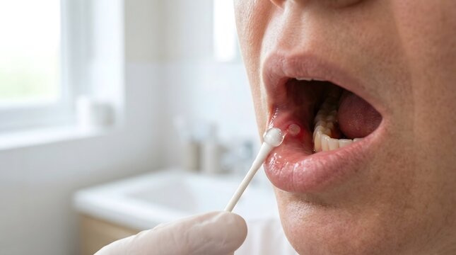 Close up of a man applying white medicinal ointment to a painful canker sore on his inner lower lip using a cotton swab in a bright domestic bathroom.