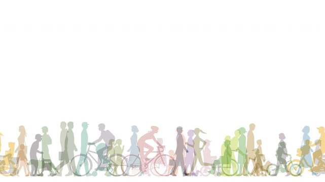 横から見た歩く老若男女。人々、車いす、自転車などのイラス動画ト