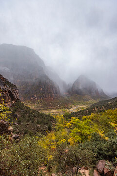 Gray clouds covering Zion Canyon during snowstorm