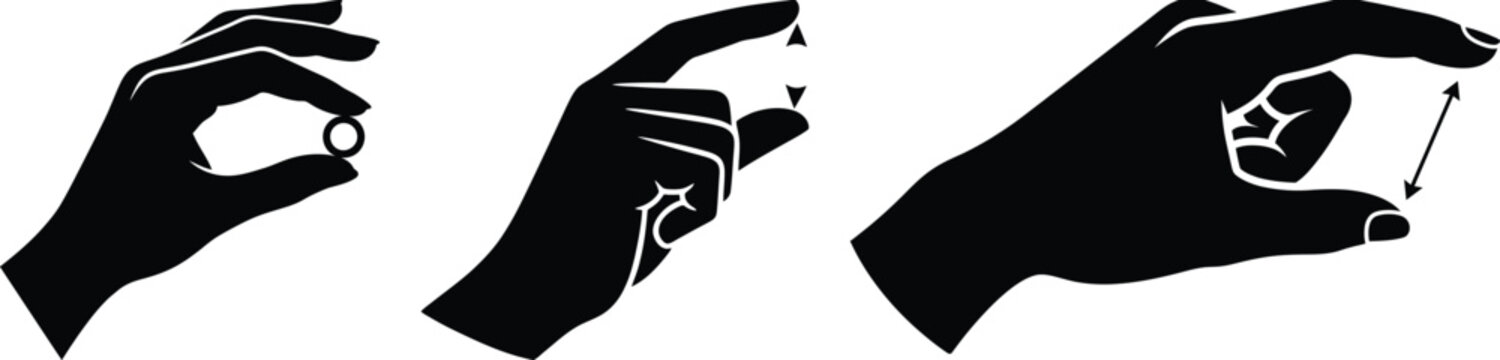 Hand gestures icon set for measuring small sizes and folding tiny objects silhouette. Hand demonstrating pinching, and zooming gestures with arrows and circles.