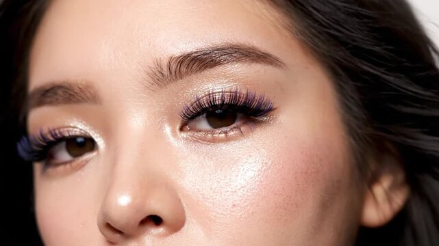 Close-up of a young woman's eye with dramatic purple and pink eyeshadow, voluminous false eyelashes, and glowing skin, beauty makeup, cosmetic application, fashion portrait
