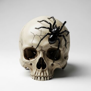 Creepy Halloween Skull with Black Spider Decoration for Spooky Season.