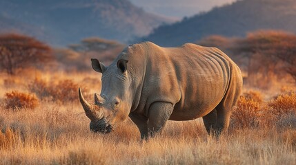 Obraz premium wild rhinos grazing peacefully on open plains during sunset, dramatic clouds in the sky, natural habitat and serene wildlife scene